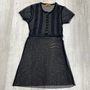 Tangerina Black Mesh Lace Button Ruffle Short Sleeve Goth Witchy Blouse XS